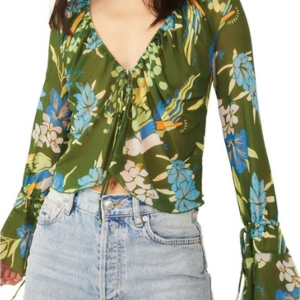 Free People Green Bell Sleeve Crop Blouse NWT